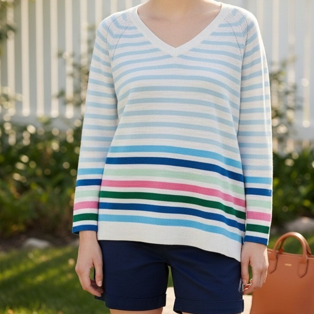 Talbots Knit Sweater Top MP White Blue Striped 3/4 Sleeve V-Neck Cotton 3081